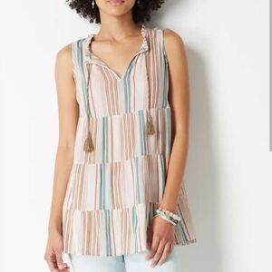J.Jill Women Tiered Tunic Tank Top Multi Color Stripes Pastel Braided Size M
